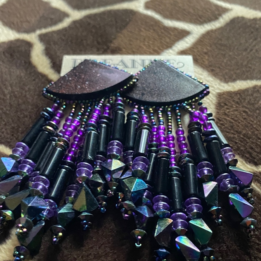 Vintage 90’s Beaded Statement Earrings with Purple and Black Accents - Picture 6 of 7